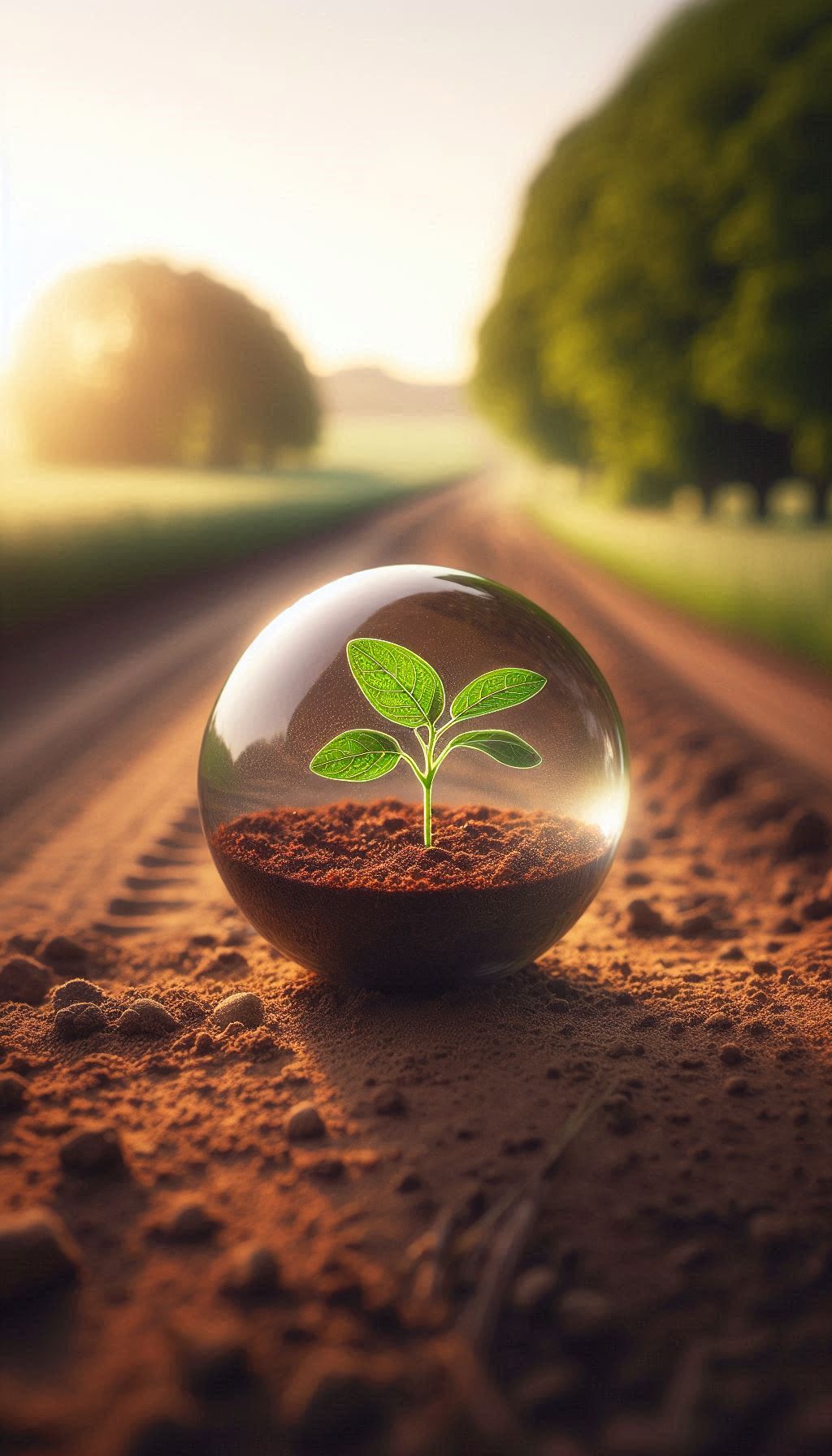 A small fresh seedling is protected in a sphere sitting on earth in a freshly ploughed field with a tree at the side, symbolising growth is possible when we take care to look after our needs