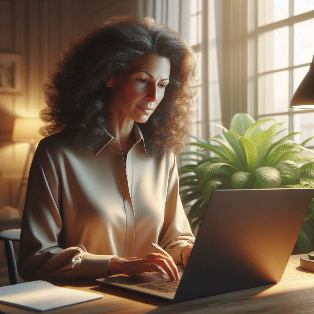photorealistic image of a woman with long curly brown hair taking time do some self-reflectiont and typing on laptop with plant in background and a desk lamp on the table, beside a window with warm light