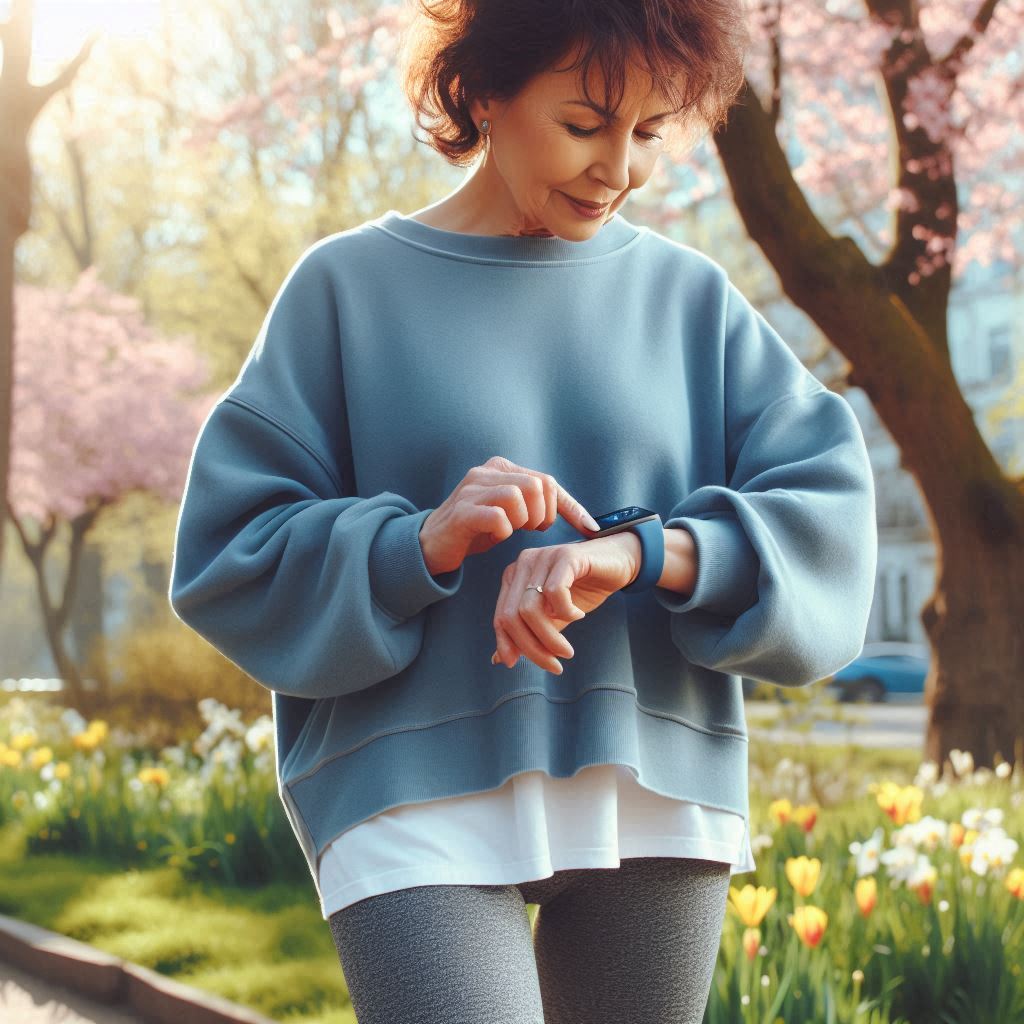 An older woman with short brown curly hair checks her fitness device as she walks in a park with the sun shining. She is wearing leggings and a loose blue sweatshirt. There are cherry blossom trees and spring flowers