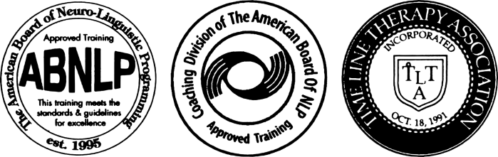Logos from professional qualifications and certification of Anne Brookes: ABNLP American Board for NLP, Coaching Division of ABNLP, and the Timeline Therapy Association